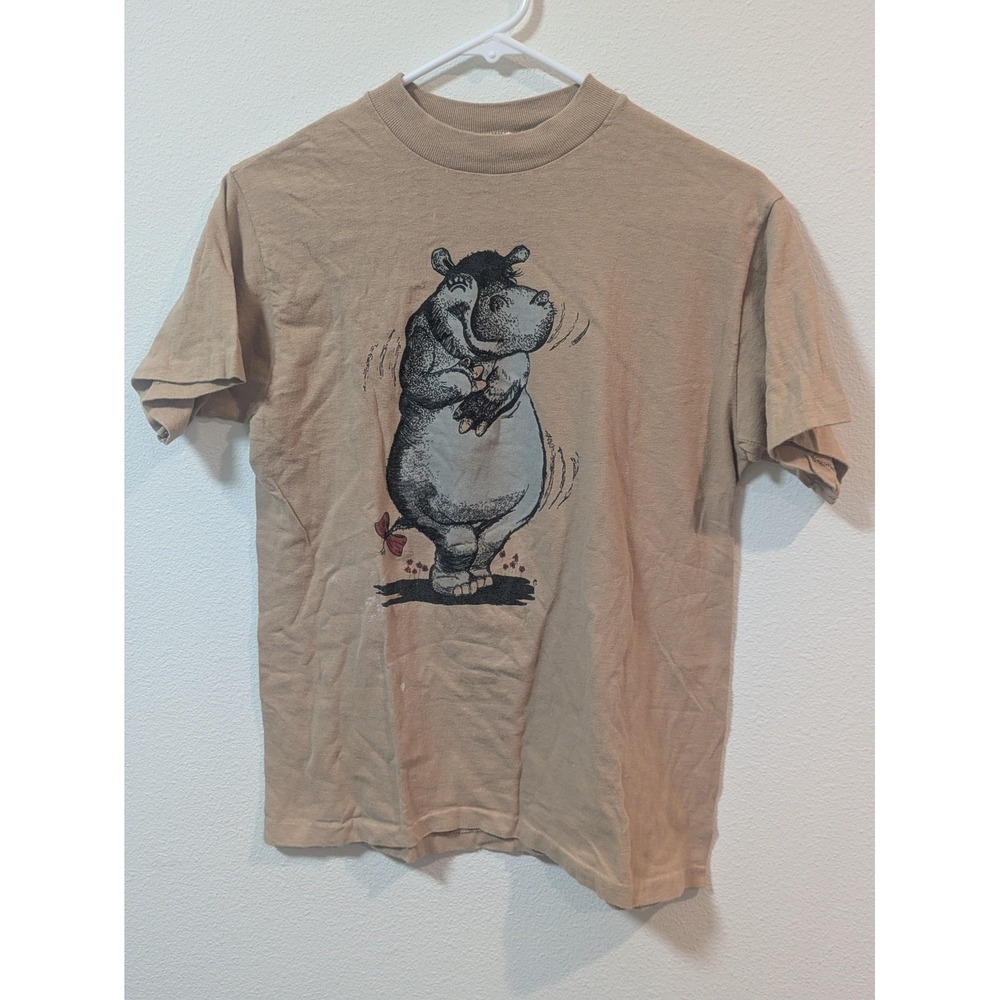 Vintage Stedman Shirt Men Youth XL Beige Hippo Cartoon Graphic Tee 80s USA Funny